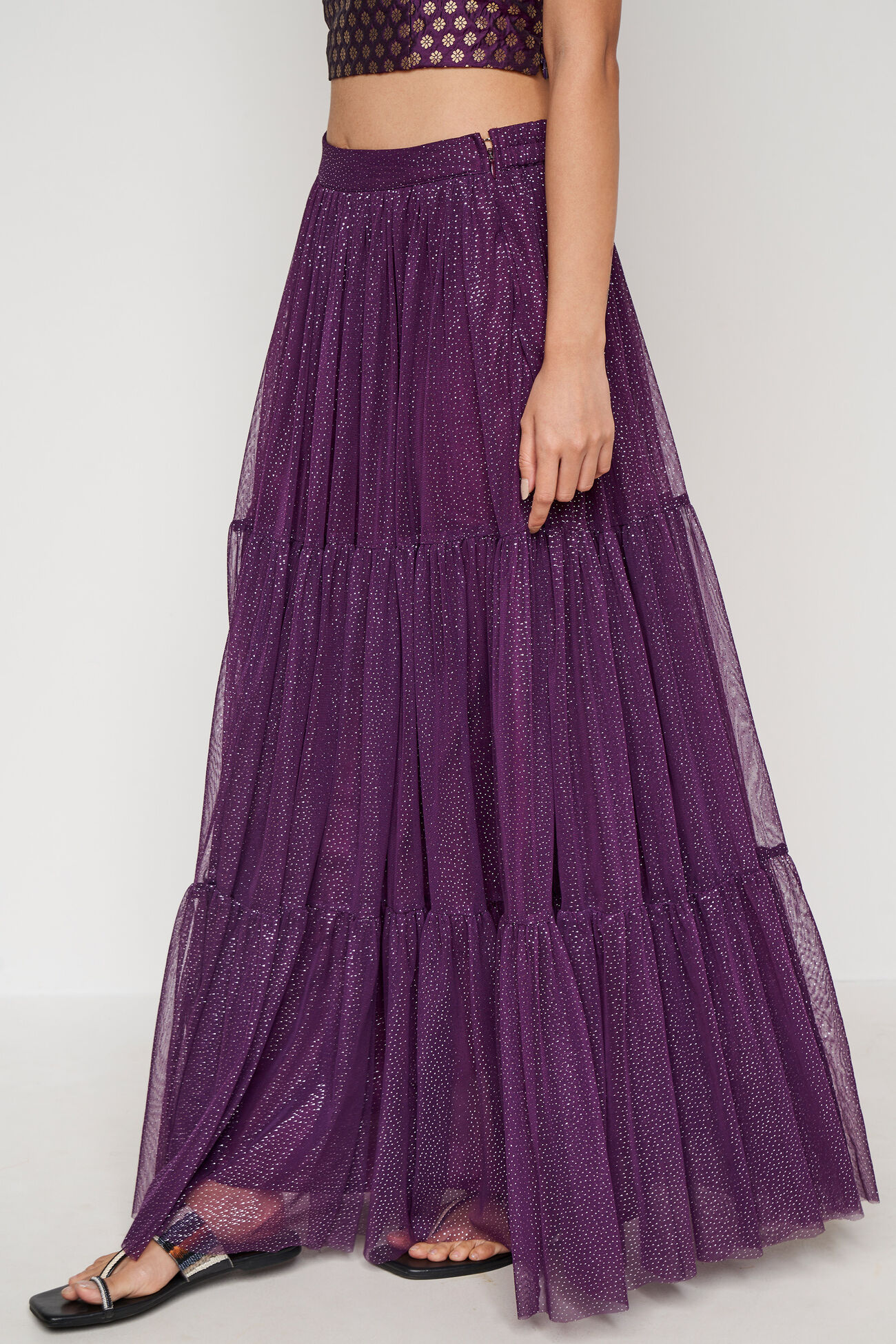 Purple Foil Print Flared Skirt, Purple, image 2